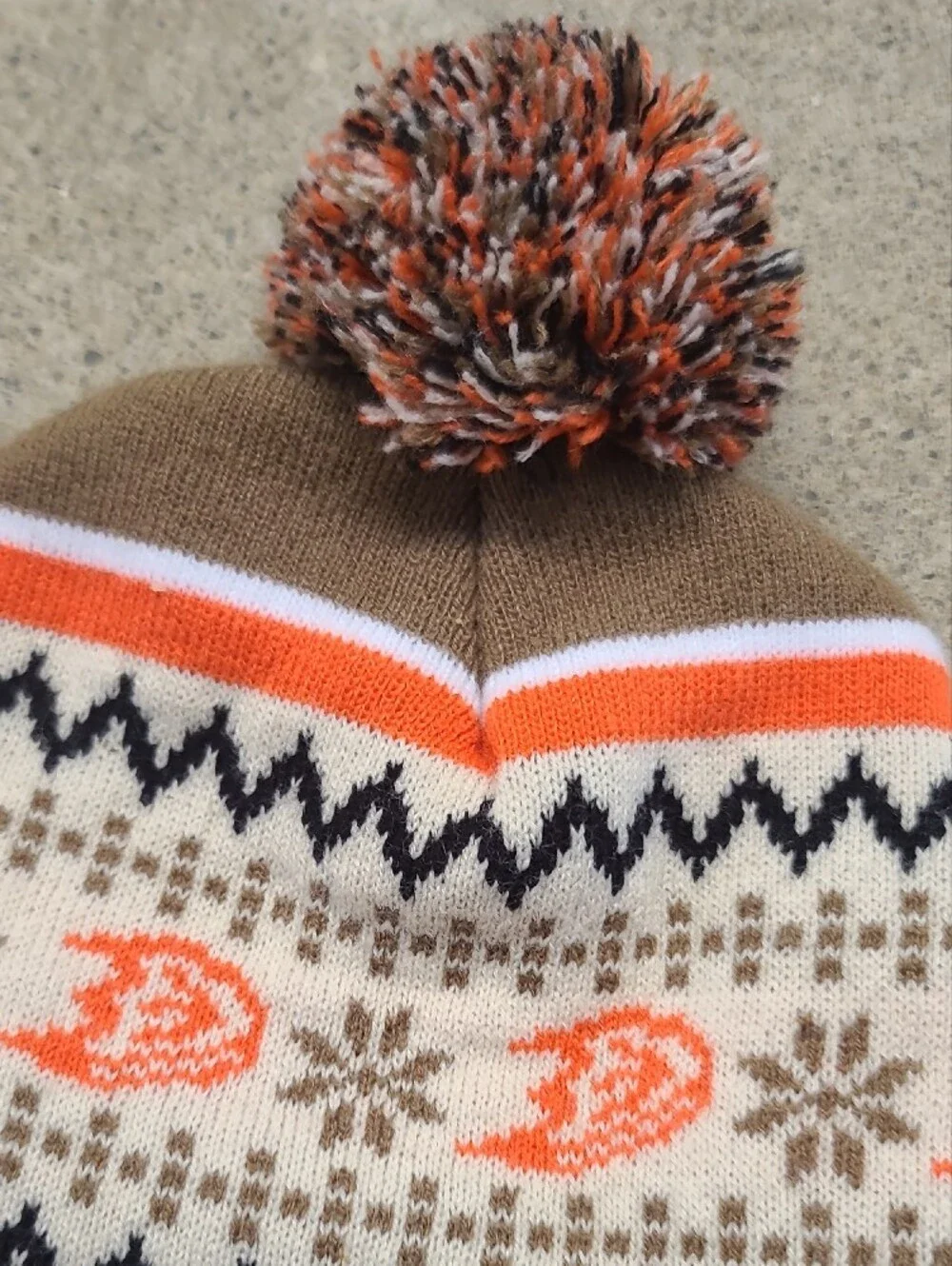 Pom-Pom Knit Hat with Duck Patch — Brown, Orange, Cream